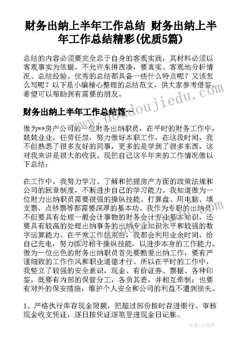 财务出纳上半年工作总结 财务出纳上半年工作总结精彩(优质5篇)