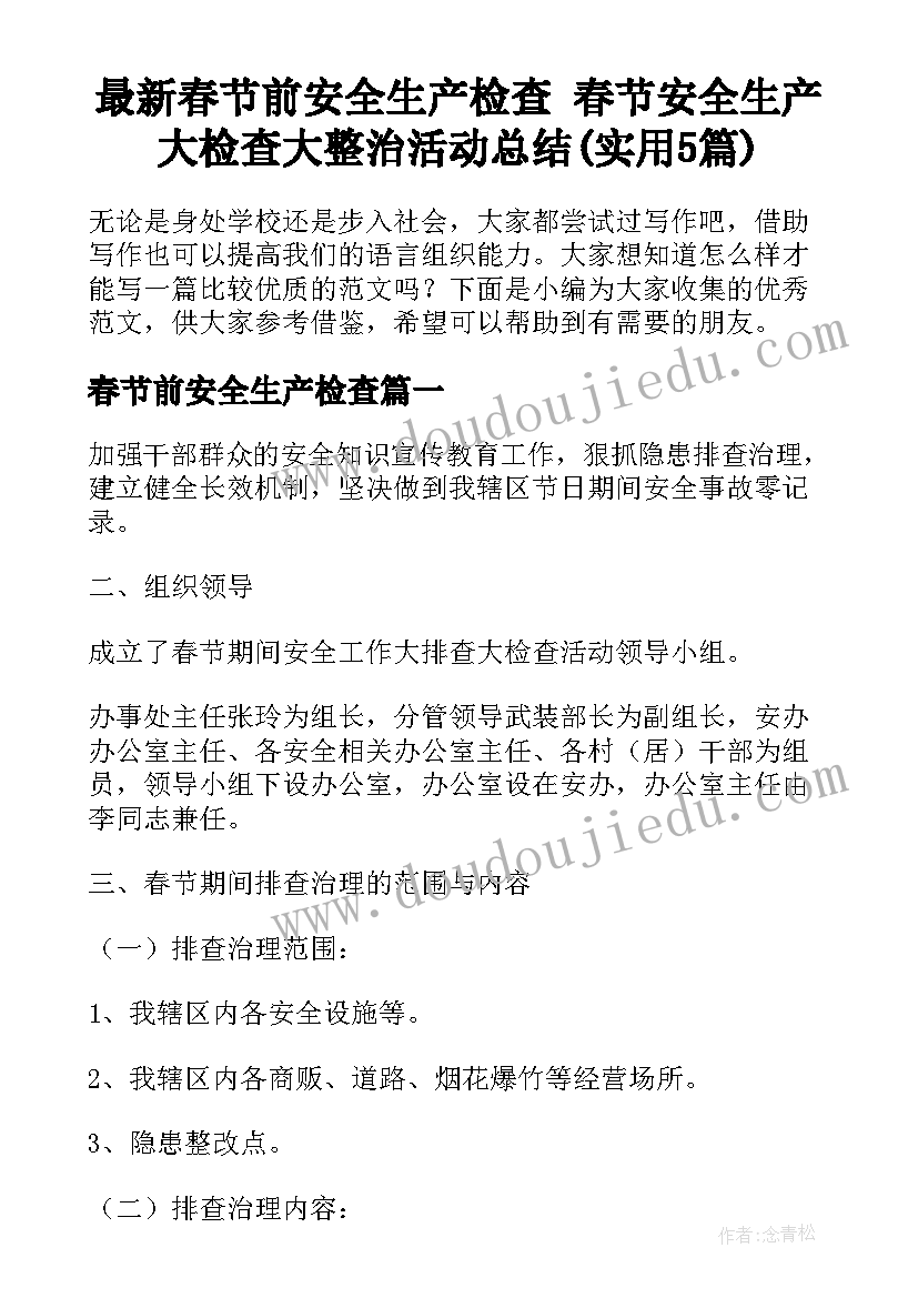 最新春节前安全生产检查 春节安全生产大检查大整治活动总结(实用5篇)