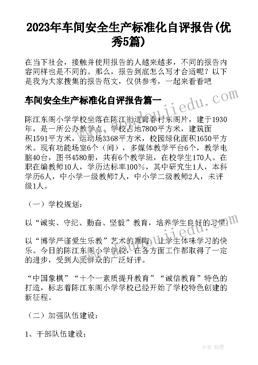 2023年车间安全生产标准化自评报告(优秀5篇)