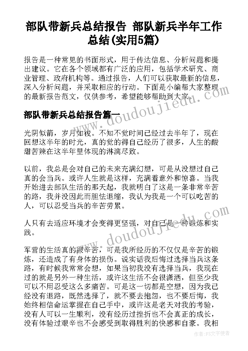 部队带新兵总结报告 部队新兵半年工作总结(实用5篇)