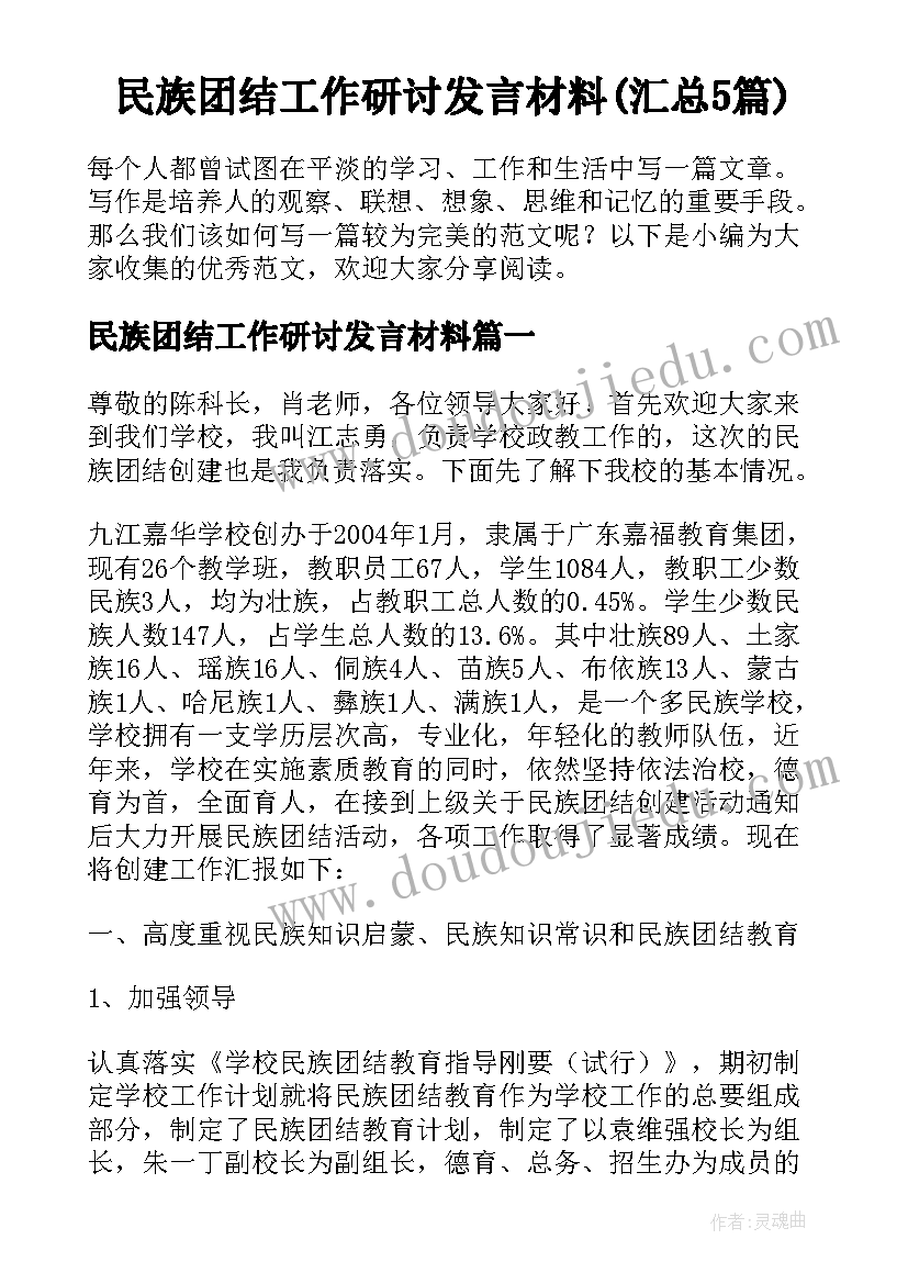 民族团结工作研讨发言材料(汇总5篇)