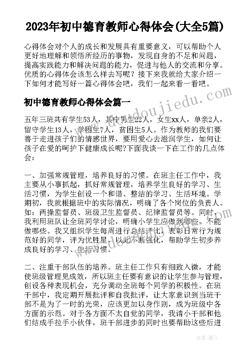 2023年初中德育教师心得体会(大全5篇)