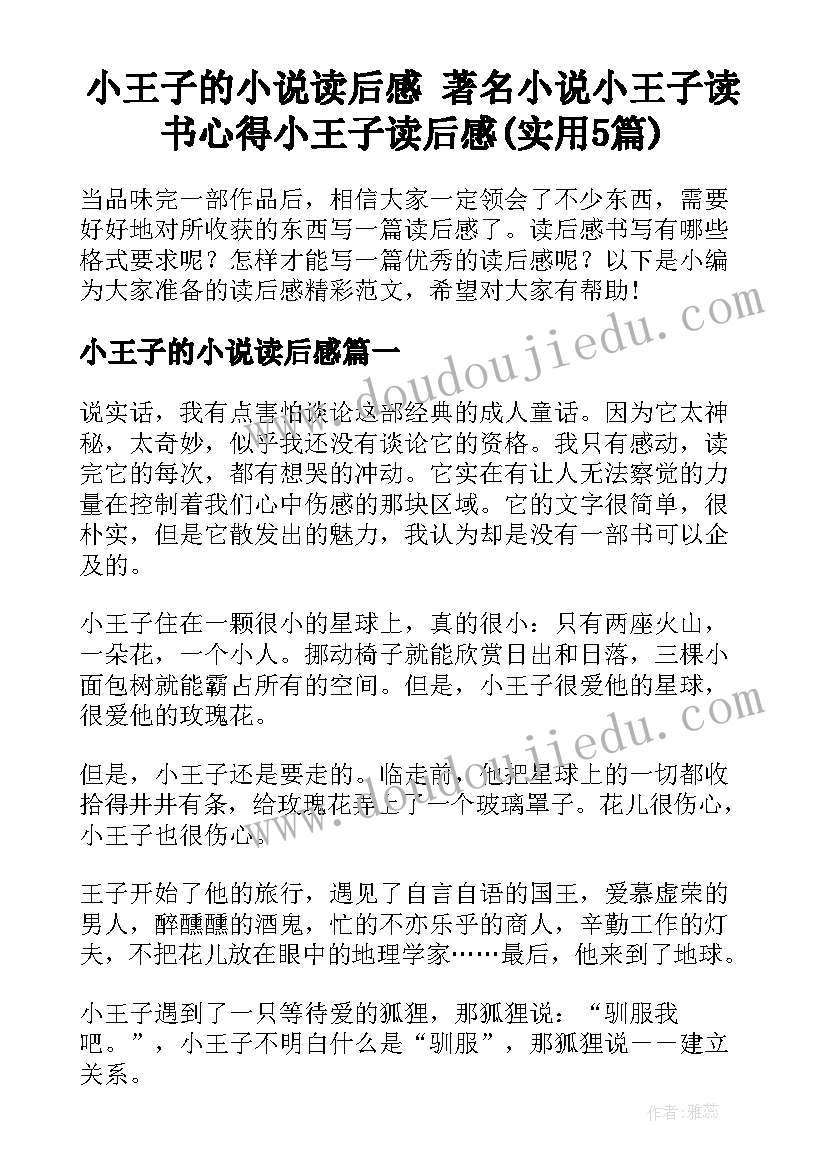 小王子的小说读后感 著名小说小王子读书心得小王子读后感(实用5篇)