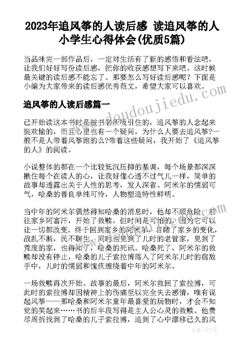 2023年追风筝的人读后感 读追风筝的人小学生心得体会(优质5篇)