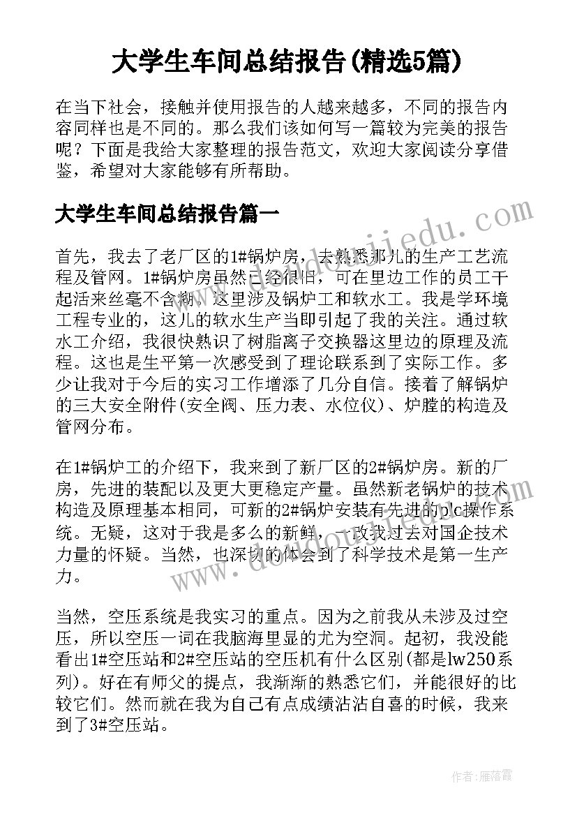 大学生车间总结报告(精选5篇)