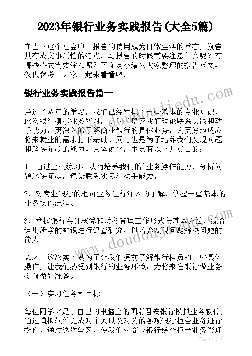 2023年银行业务实践报告(大全5篇)