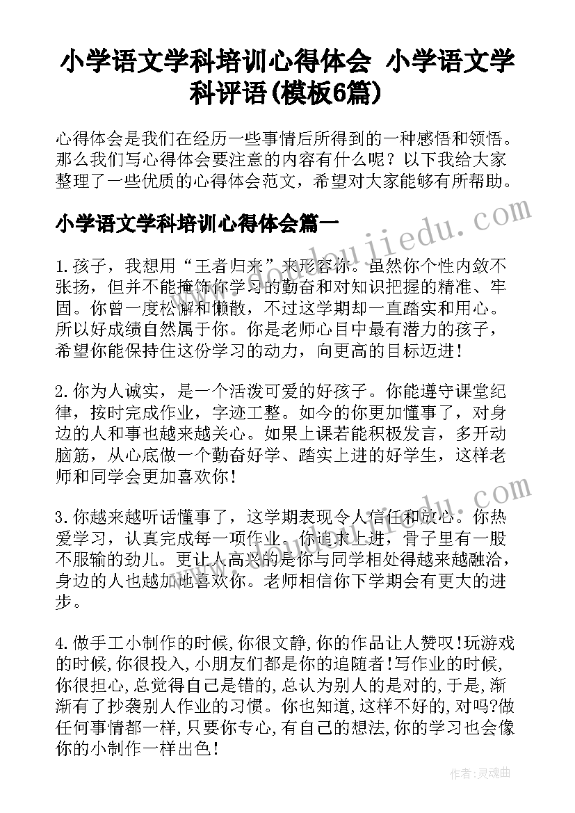 小学语文学科培训心得体会 小学语文学科评语(模板6篇)