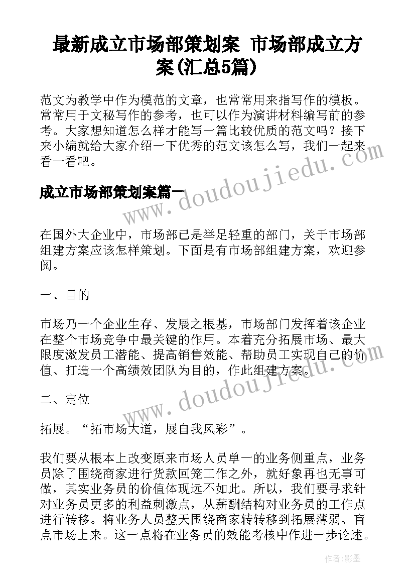 最新成立市场部策划案 市场部成立方案(汇总5篇)