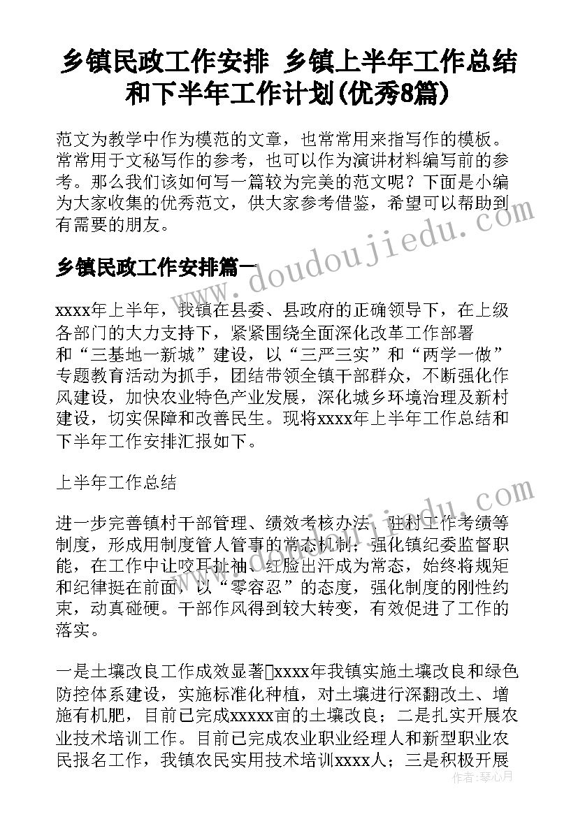 乡镇民政工作安排 乡镇上半年工作总结和下半年工作计划(优秀8篇)