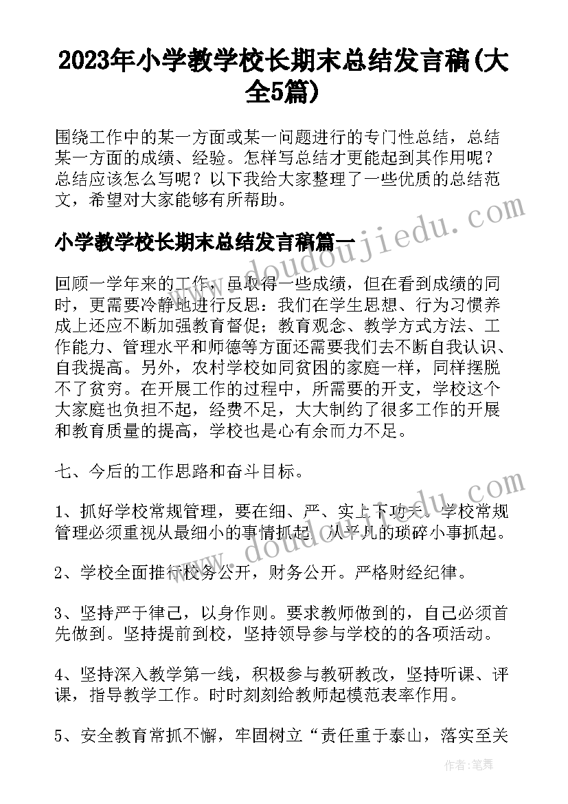 2023年小学教学校长期末总结发言稿(大全5篇)