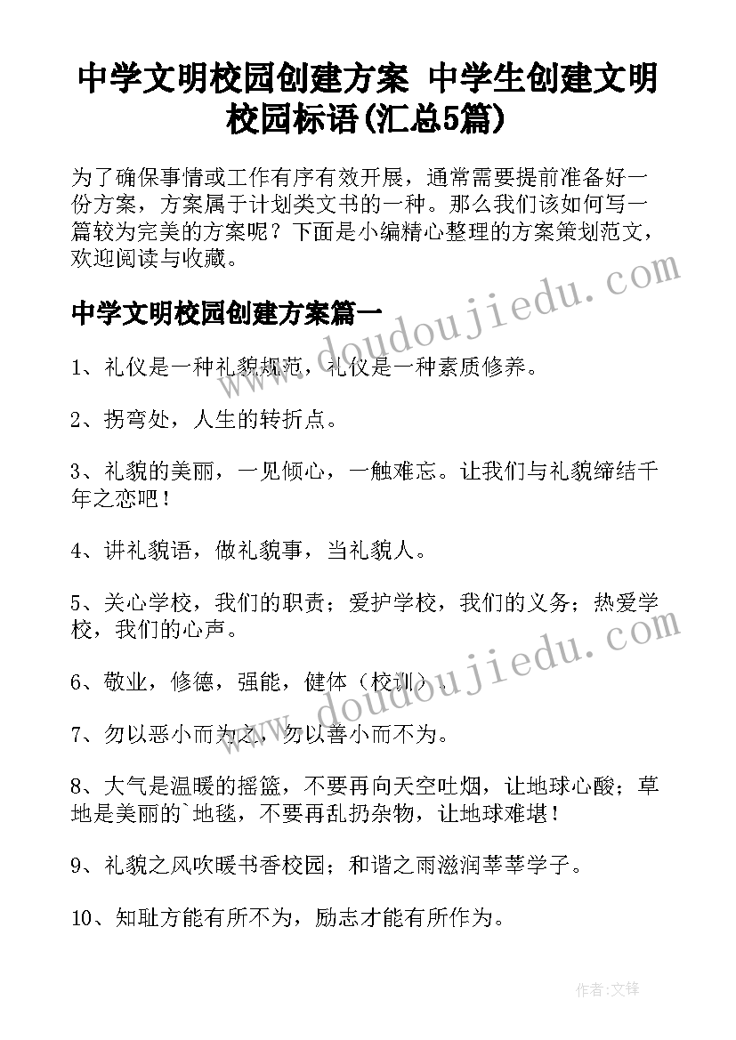 中学文明校园创建方案 中学生创建文明校园标语(汇总5篇)