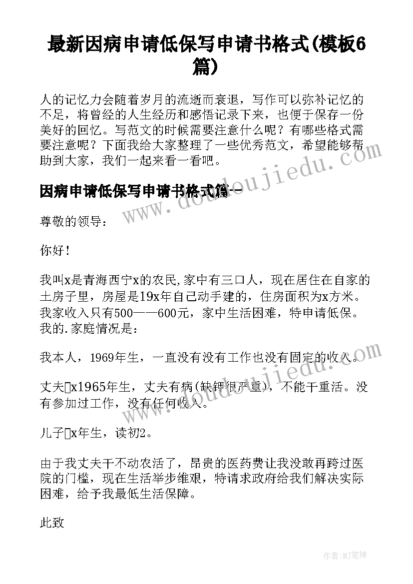 最新因病申请低保写申请书格式(模板6篇)