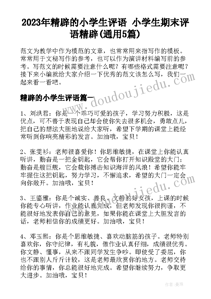 2023年精辟的小学生评语 小学生期末评语精辟(通用5篇)