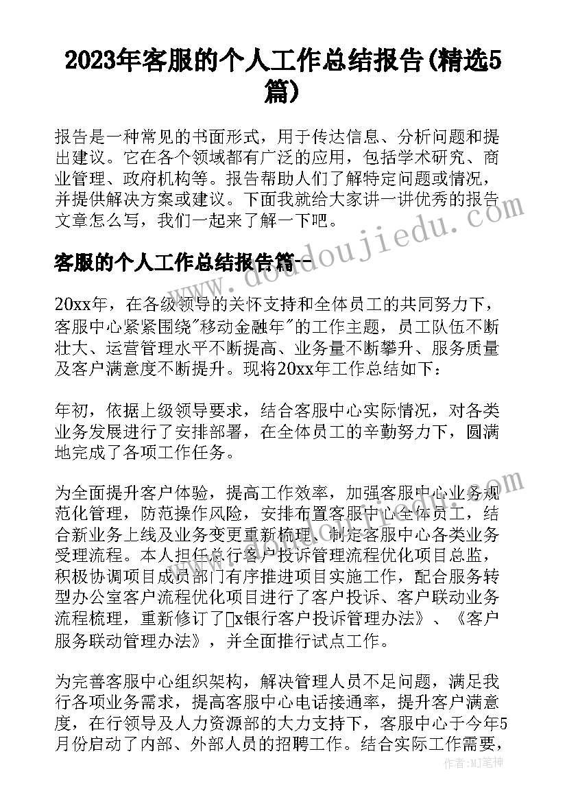 2023年客服的个人工作总结报告(精选5篇)