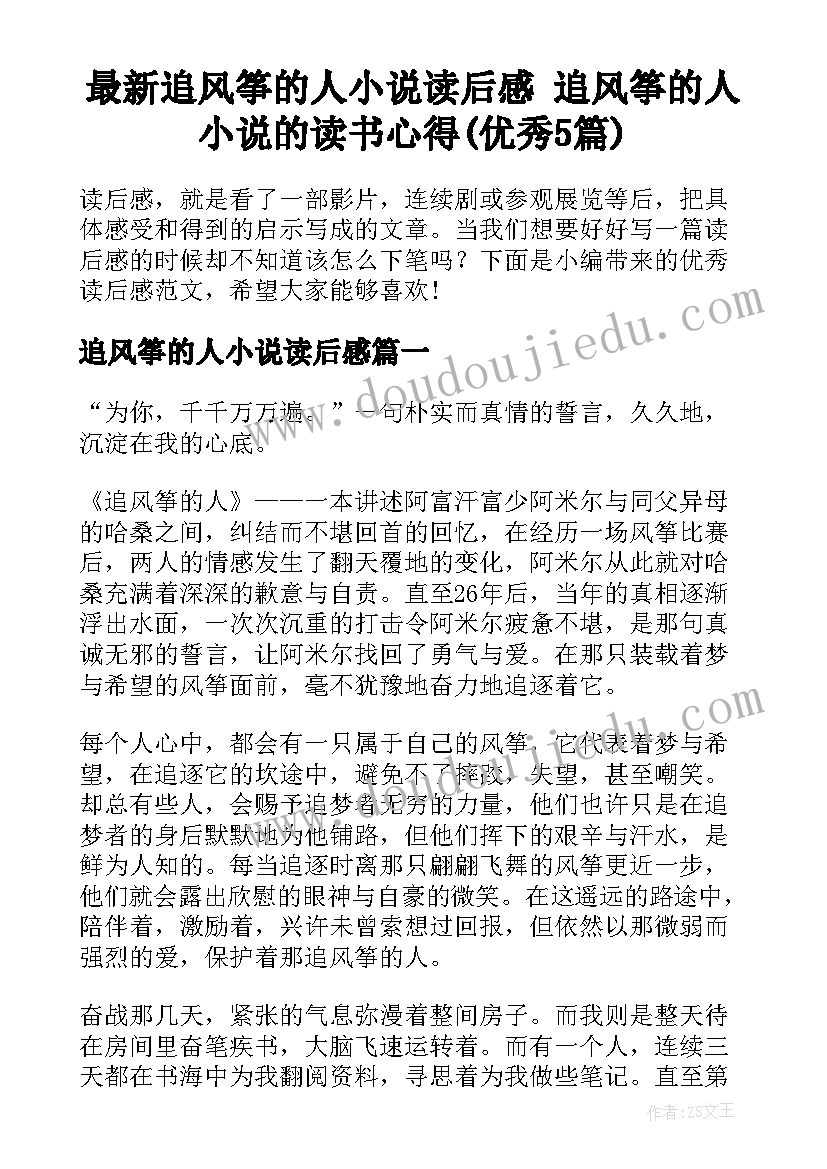 最新追风筝的人小说读后感 追风筝的人小说的读书心得(优秀5篇)