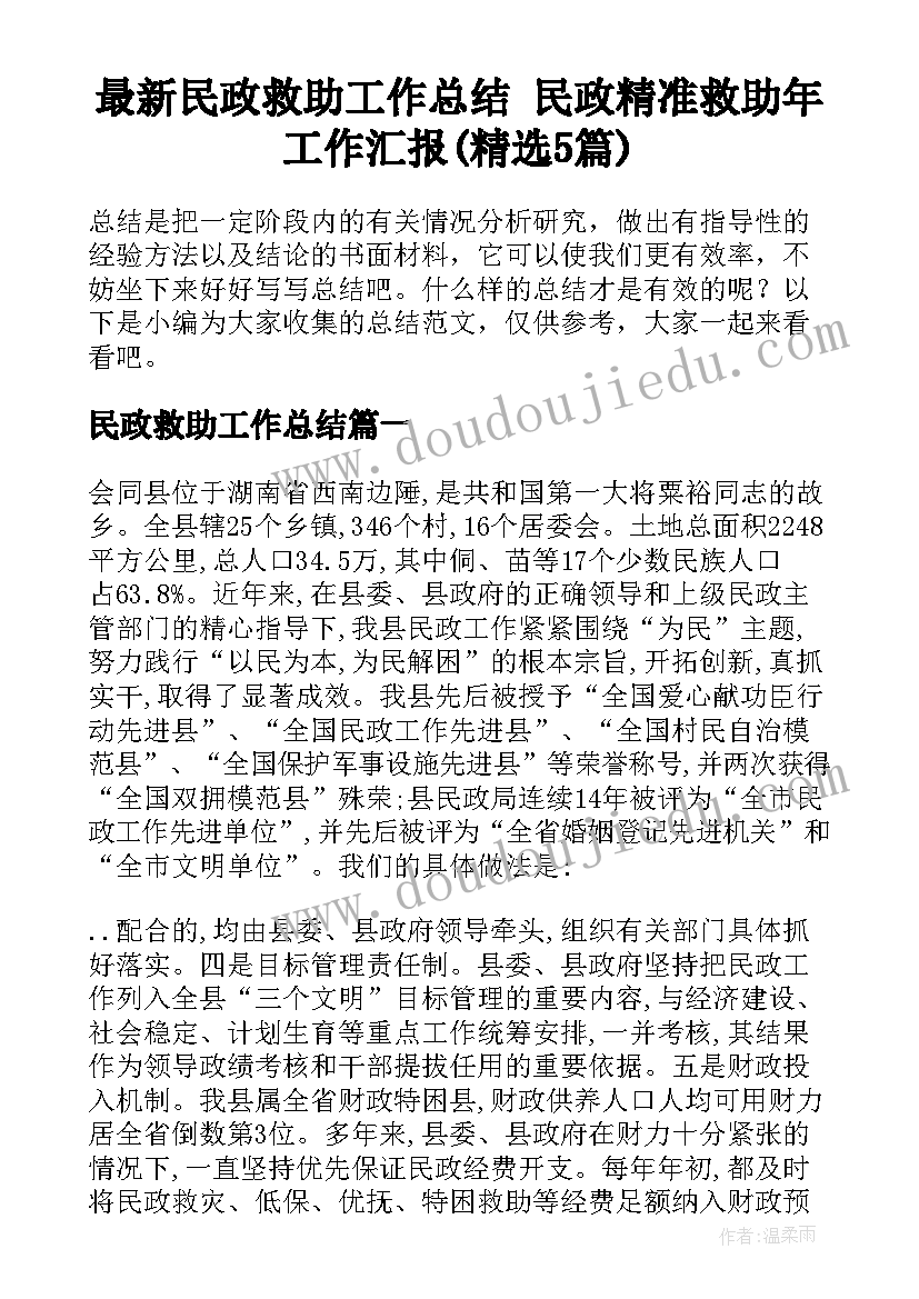 最新民政救助工作总结 民政精准救助年工作汇报(精选5篇)