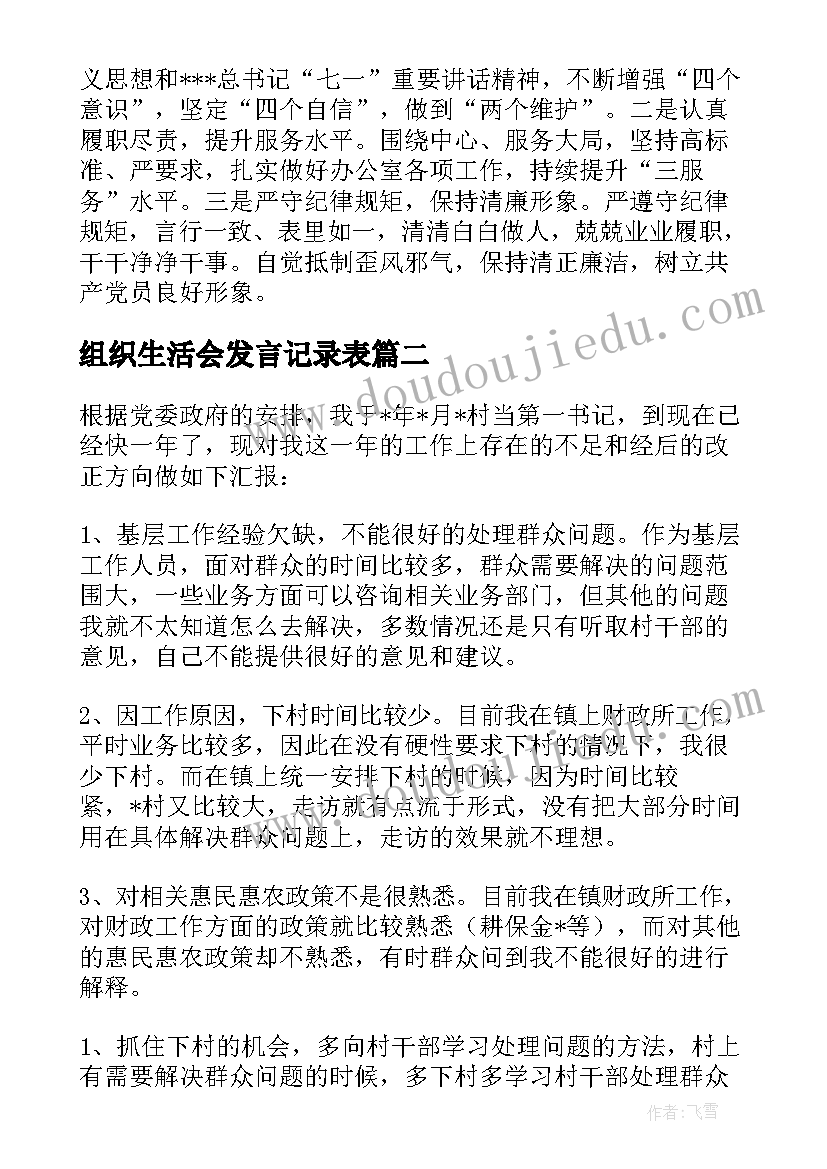 组织生活会发言记录表(通用5篇)