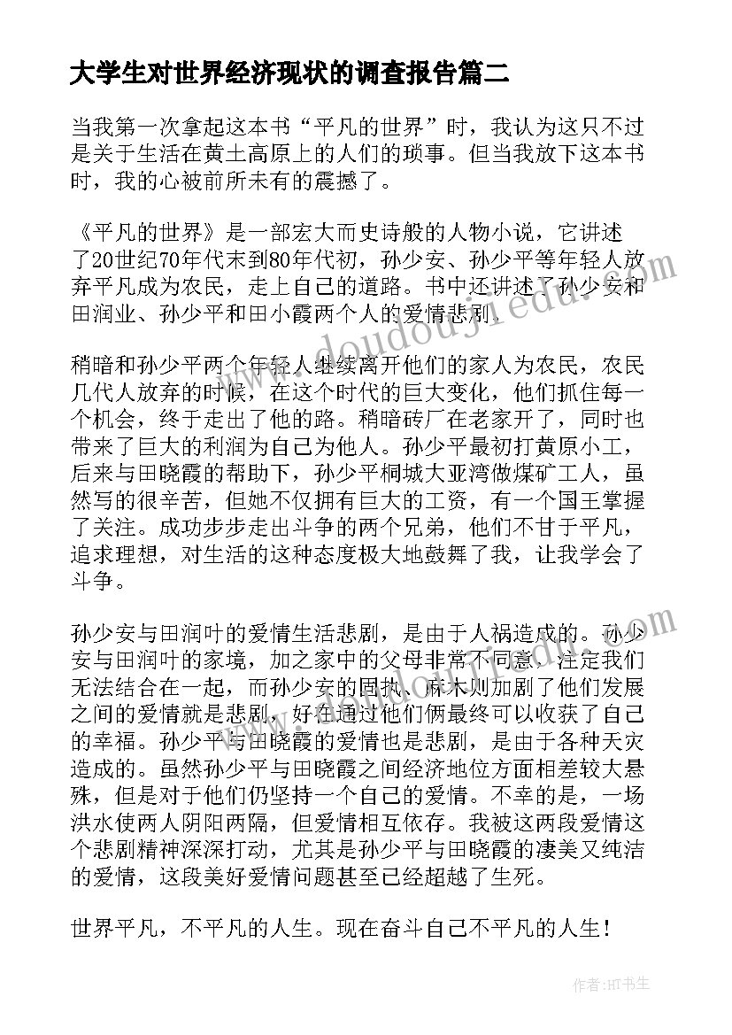 大学生对世界经济现状的调查报告 大学生平凡的世界读书心得(实用9篇)