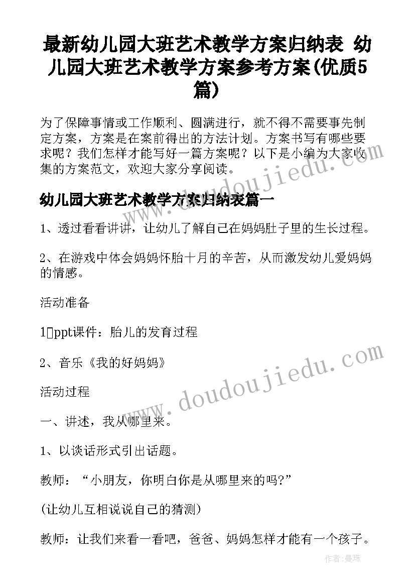 最新幼儿园大班艺术教学方案归纳表 幼儿园大班艺术教学方案参考方案(优质5篇)