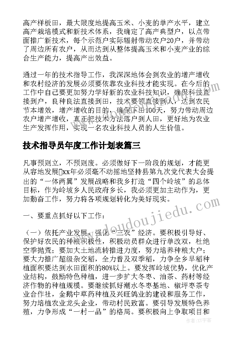 技术指导员年度工作计划表 农业技术指导员个人工作计划(大全5篇)