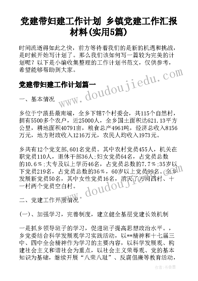 党建带妇建工作计划 乡镇党建工作汇报材料(实用5篇)