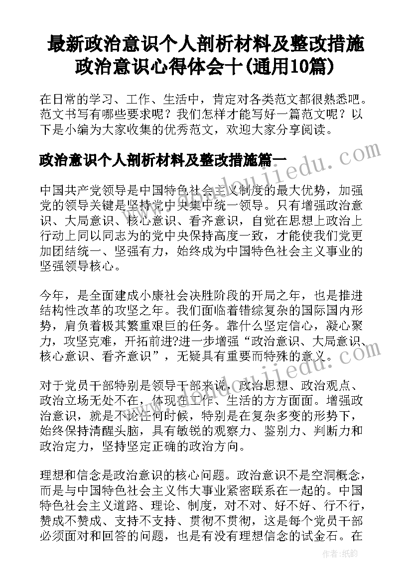 最新政治意识个人剖析材料及整改措施 政治意识心得体会十(通用10篇)