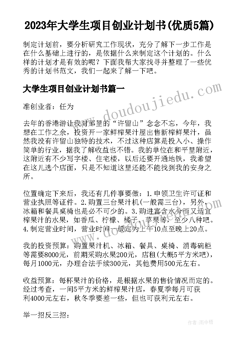 2023年大学生项目创业计划书(优质5篇)