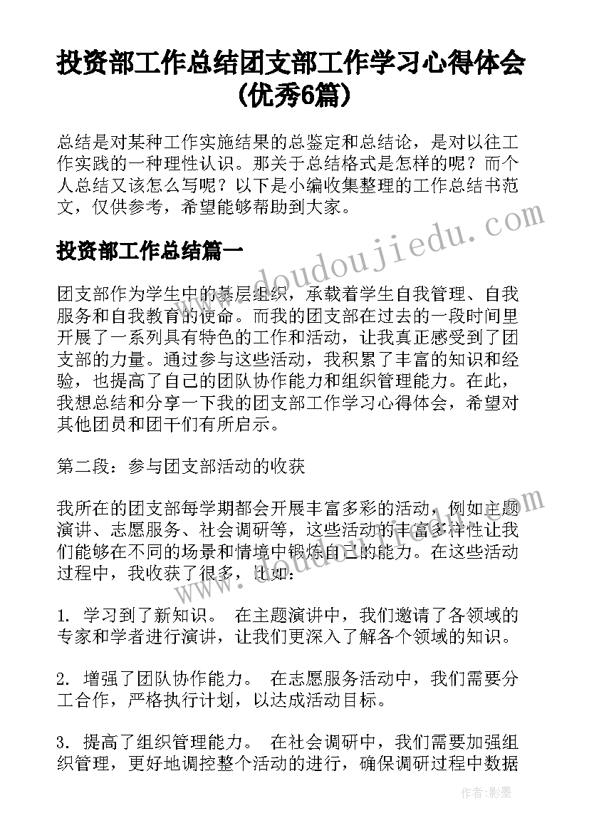 投资部工作总结 团支部工作学习心得体会(优秀6篇)