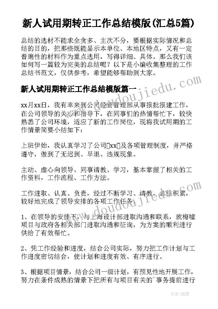 新人试用期转正工作总结模版(汇总5篇)