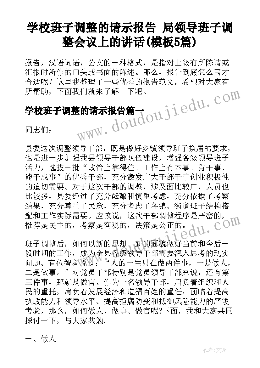 学校班子调整的请示报告 局领导班子调整会议上的讲话(模板5篇)