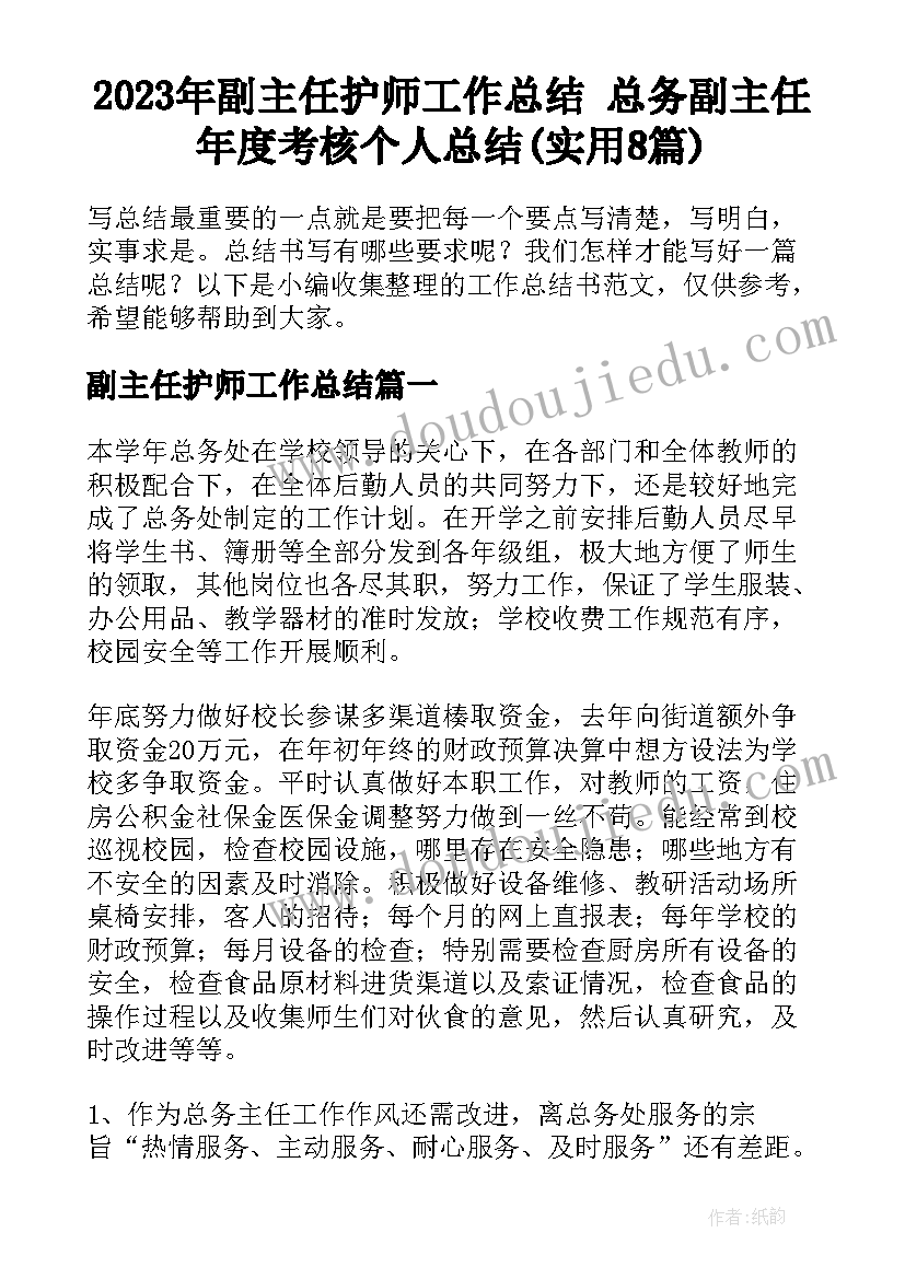 2023年副主任护师工作总结 总务副主任年度考核个人总结(实用8篇)