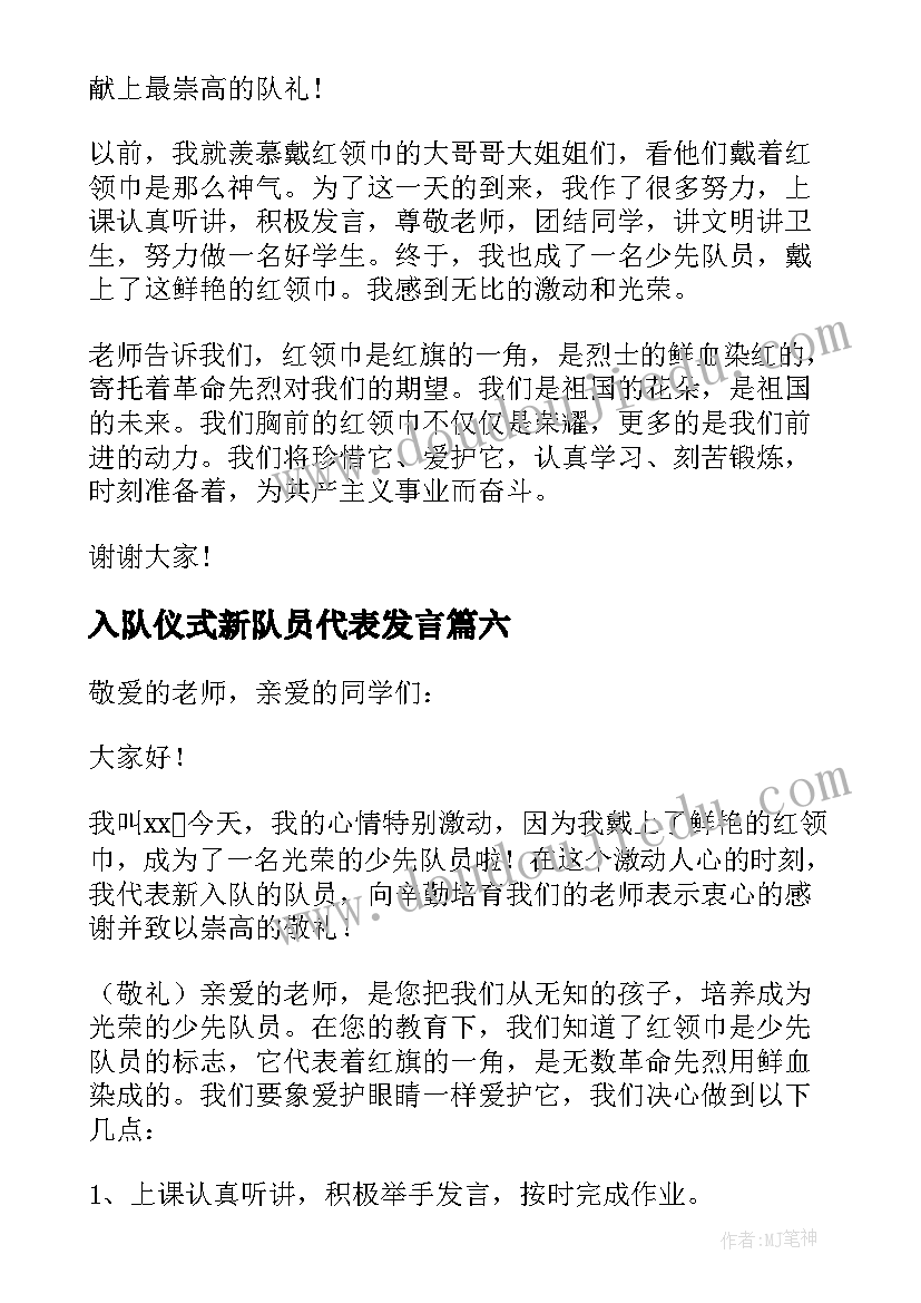 最新入队仪式新队员代表发言(优秀6篇)