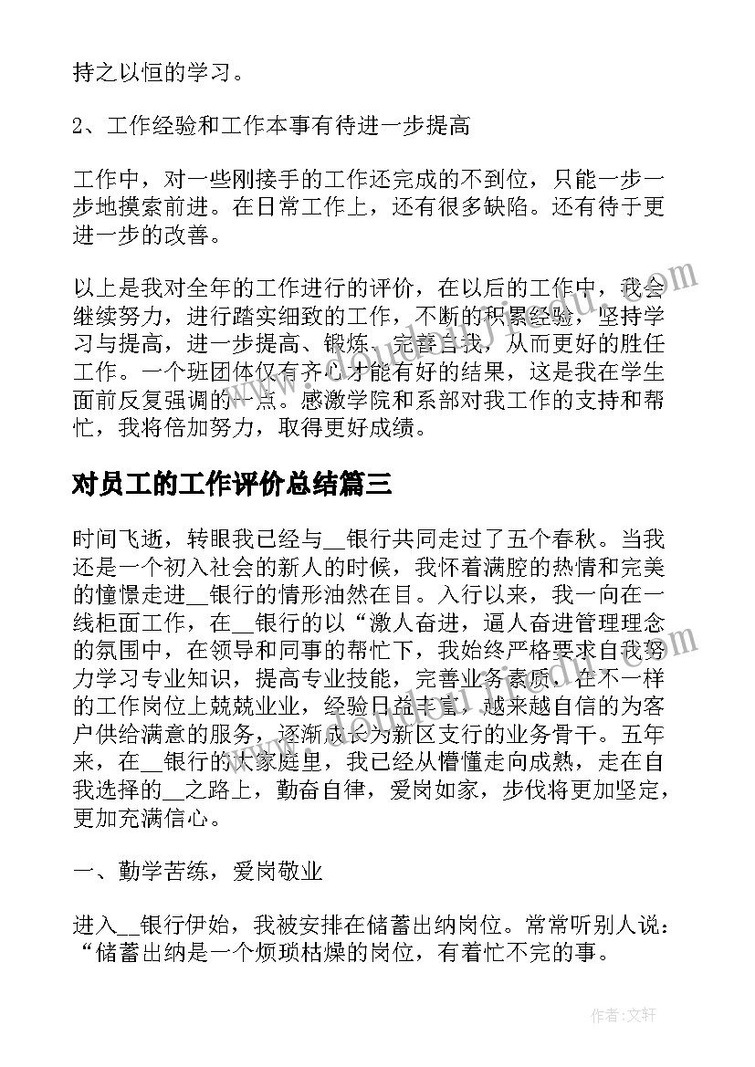 对员工的工作评价总结(优质9篇)