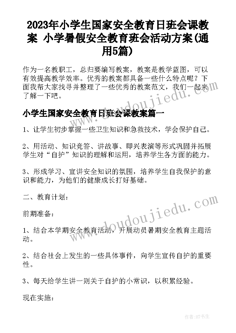 2023年小学生国家安全教育日班会课教案 小学暑假安全教育班会活动方案(通用5篇)