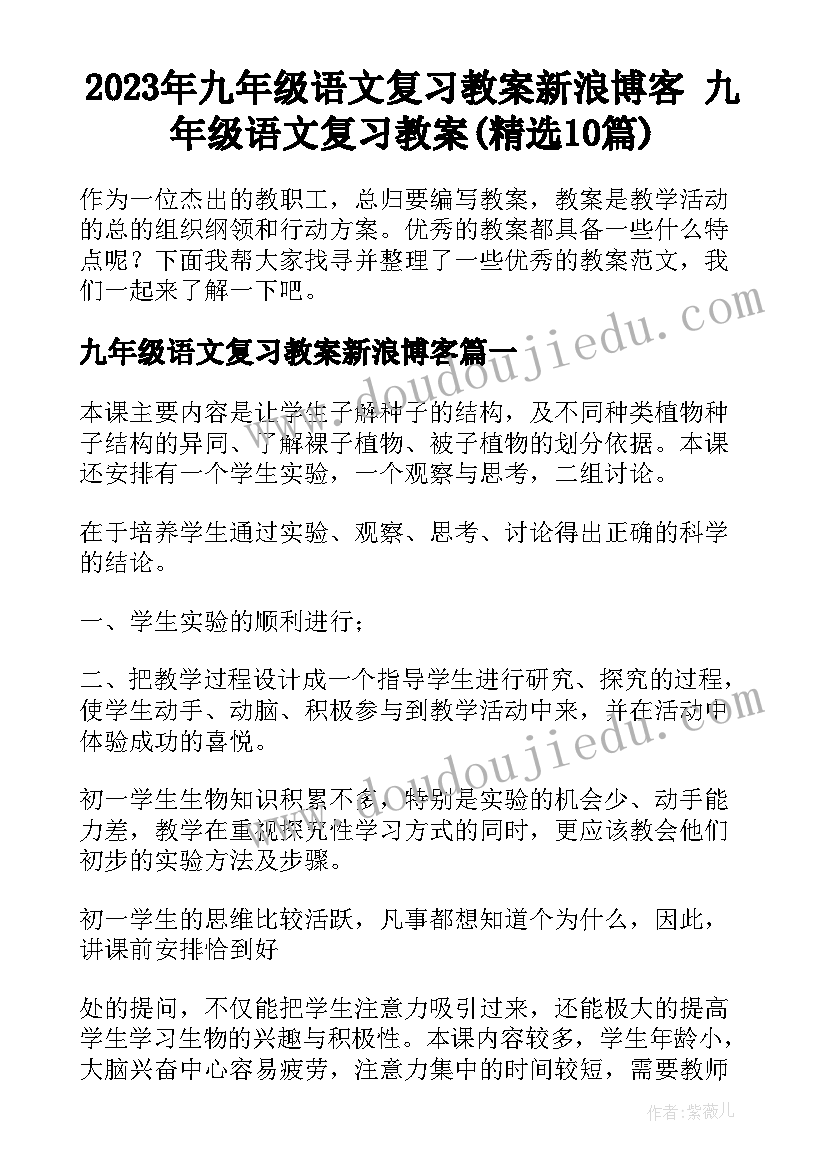 2023年九年级语文复习教案新浪博客 九年级语文复习教案(精选10篇)