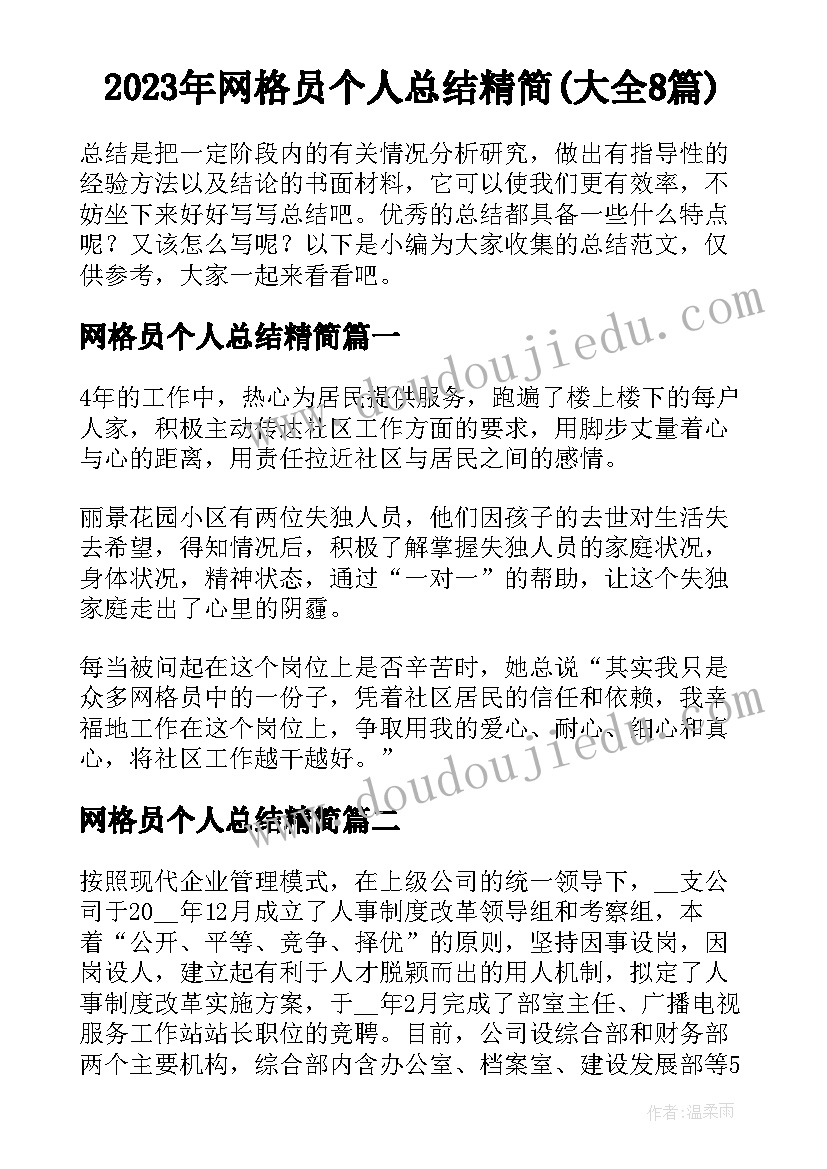 2023年网格员个人总结精简(大全8篇)