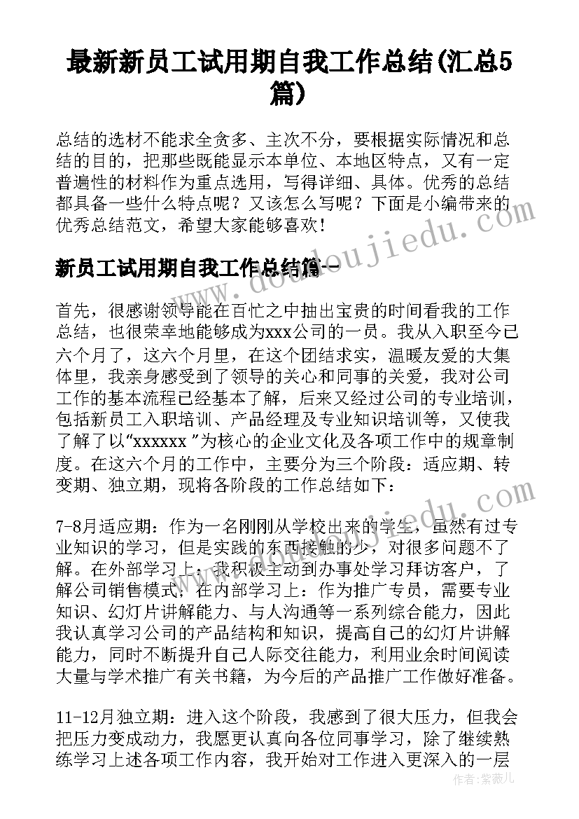 最新新员工试用期自我工作总结(汇总5篇)