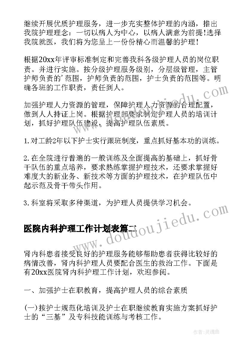 最新医院内科护理工作计划表(精选5篇)