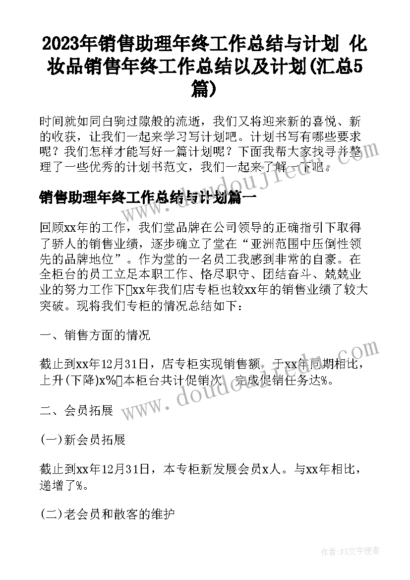 2023年销售助理年终工作总结与计划 化妆品销售年终工作总结以及计划(汇总5篇)