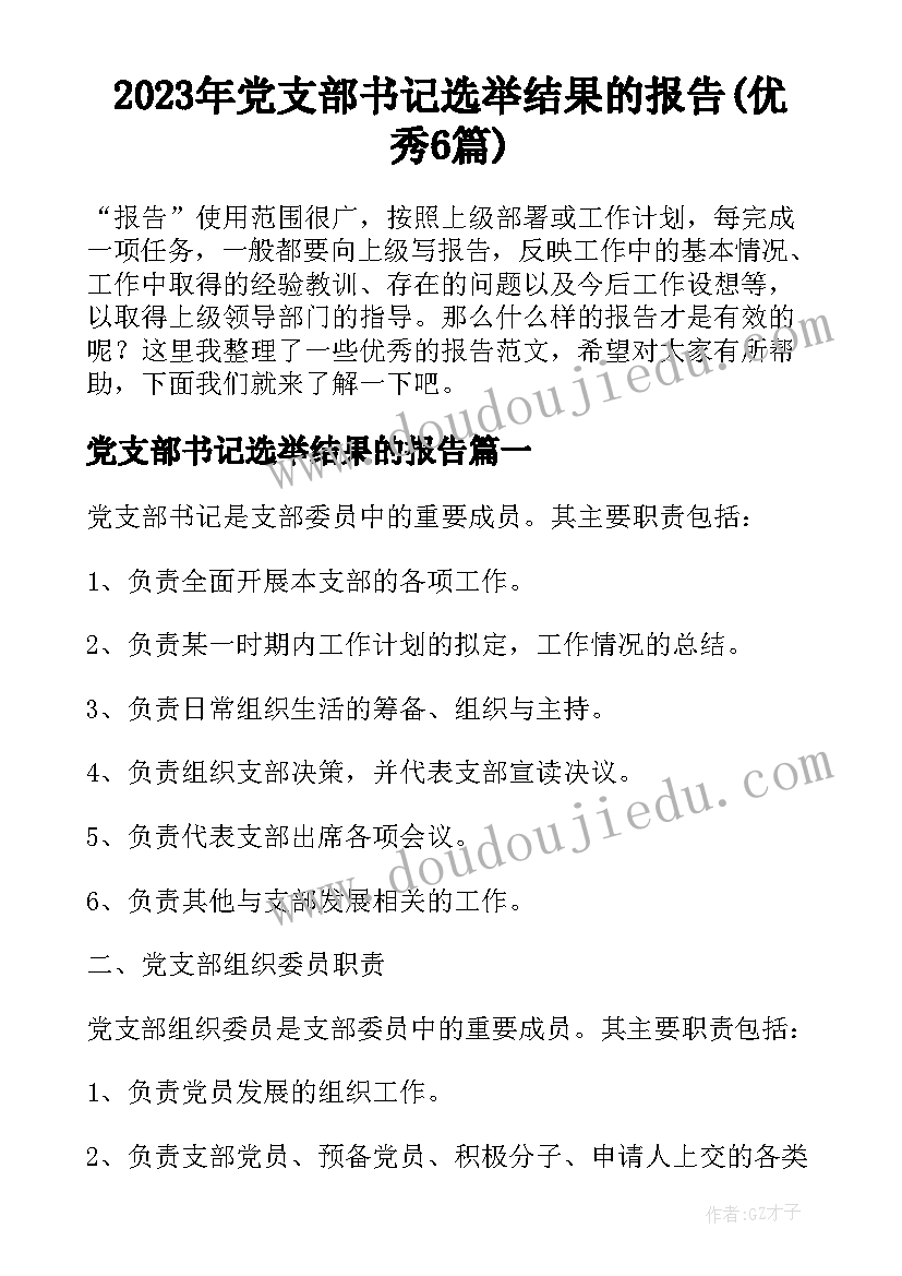 2023年党支部书记选举结果的报告(优秀6篇)