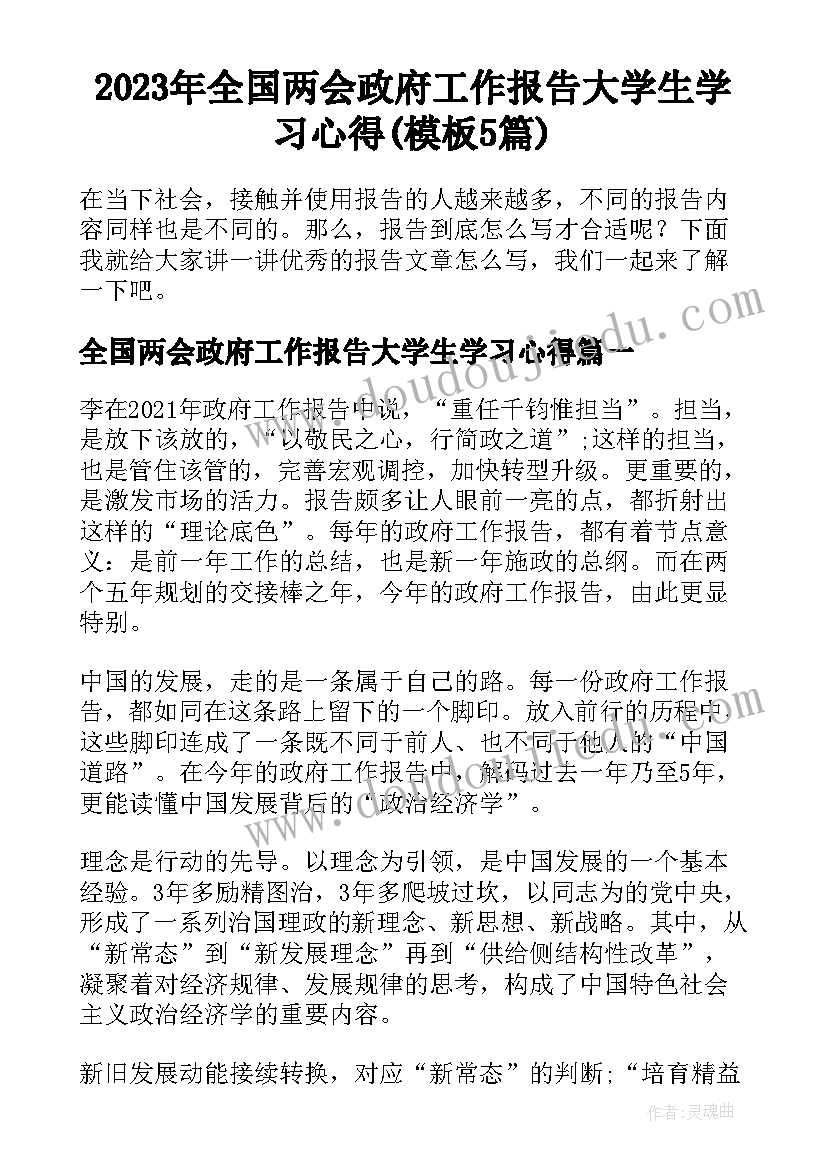 2023年全国两会政府工作报告大学生学习心得(模板5篇)