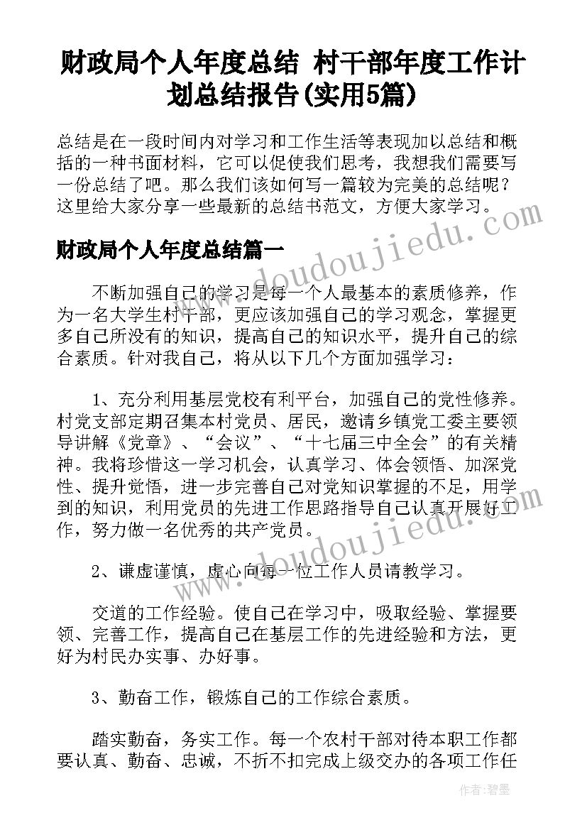 财政局个人年度总结 村干部年度工作计划总结报告(实用5篇)