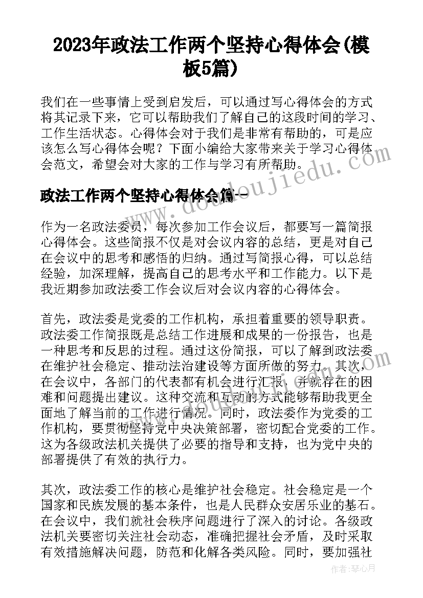 2023年政法工作两个坚持心得体会(模板5篇)