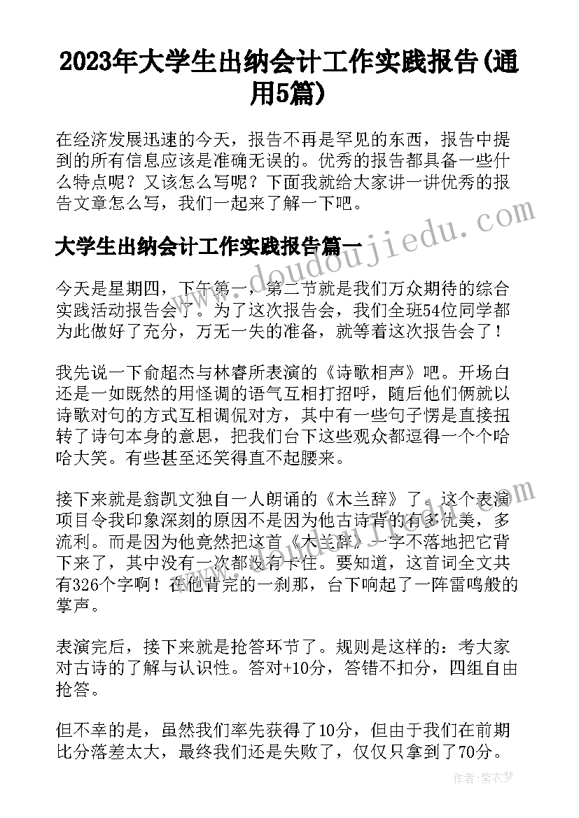 2023年大学生出纳会计工作实践报告(通用5篇)