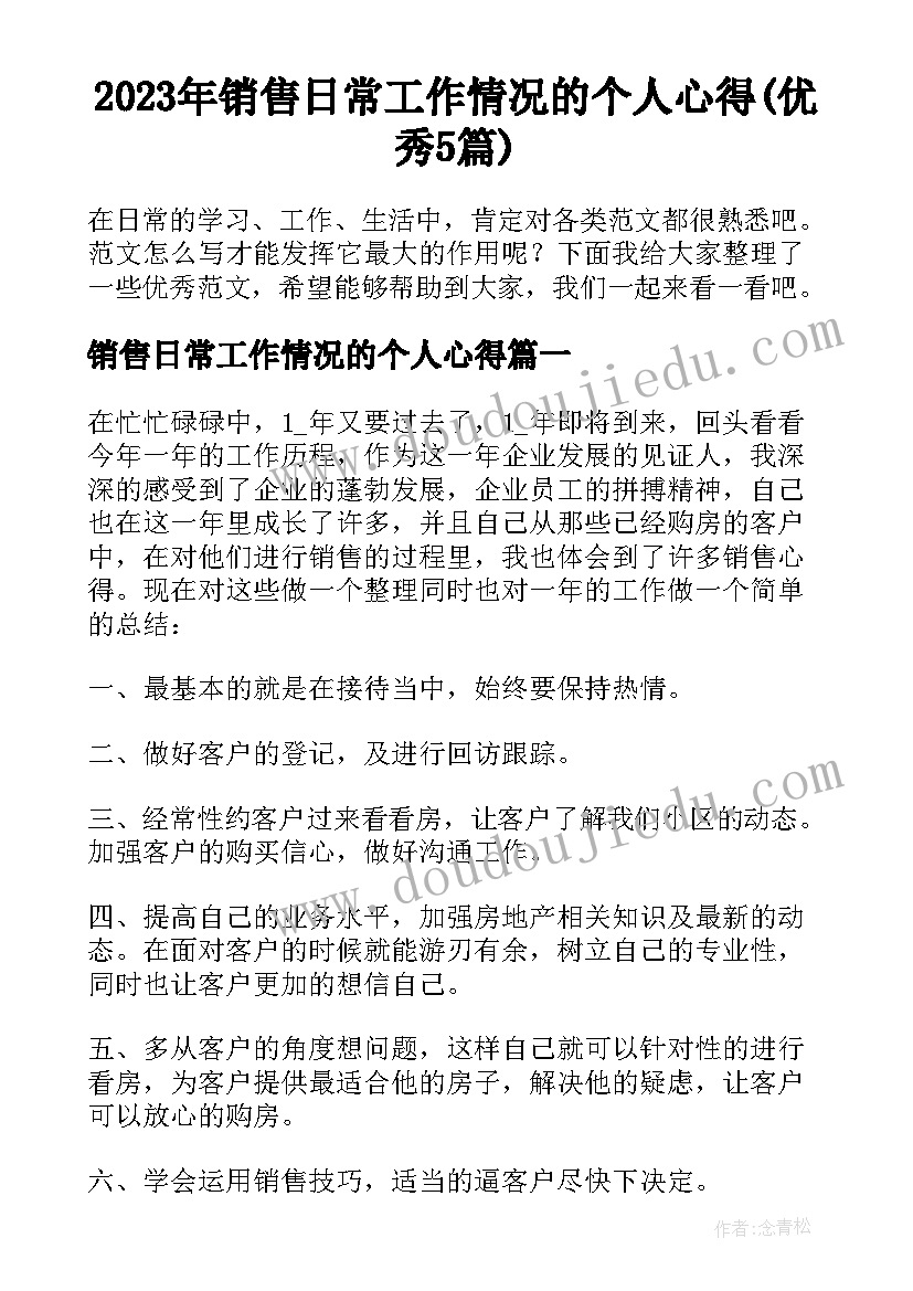 2023年销售日常工作情况的个人心得(优秀5篇)