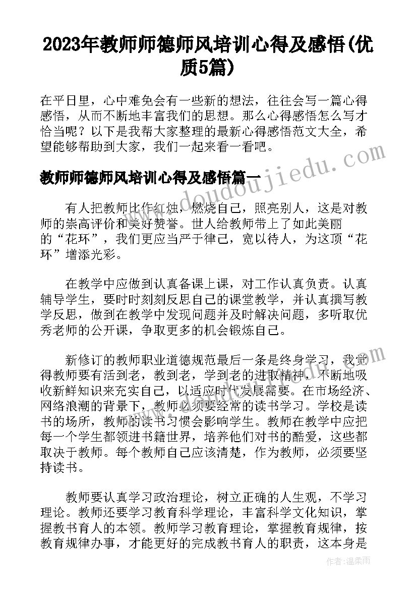 2023年教师师德师风培训心得及感悟(优质5篇)