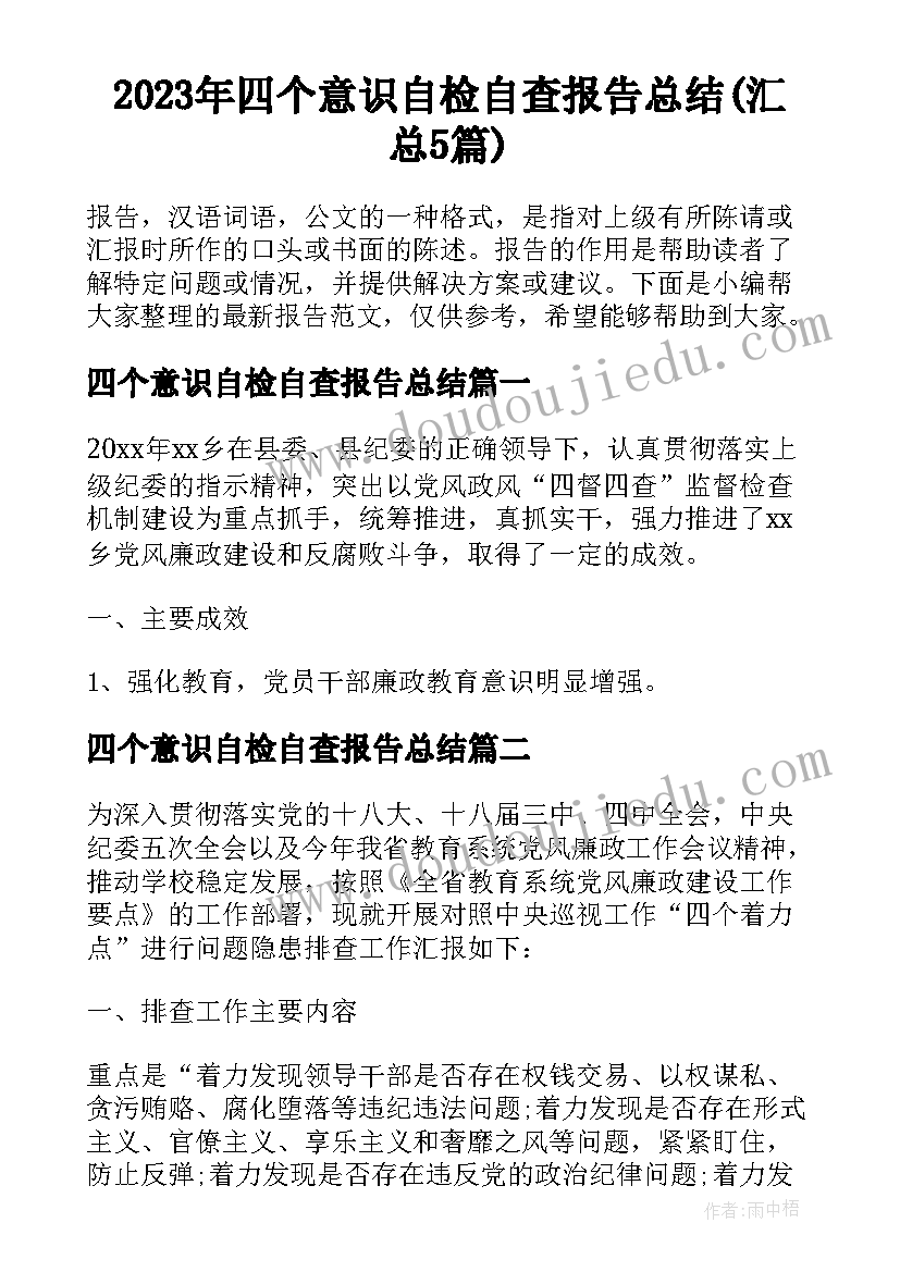 2023年四个意识自检自查报告总结(汇总5篇)