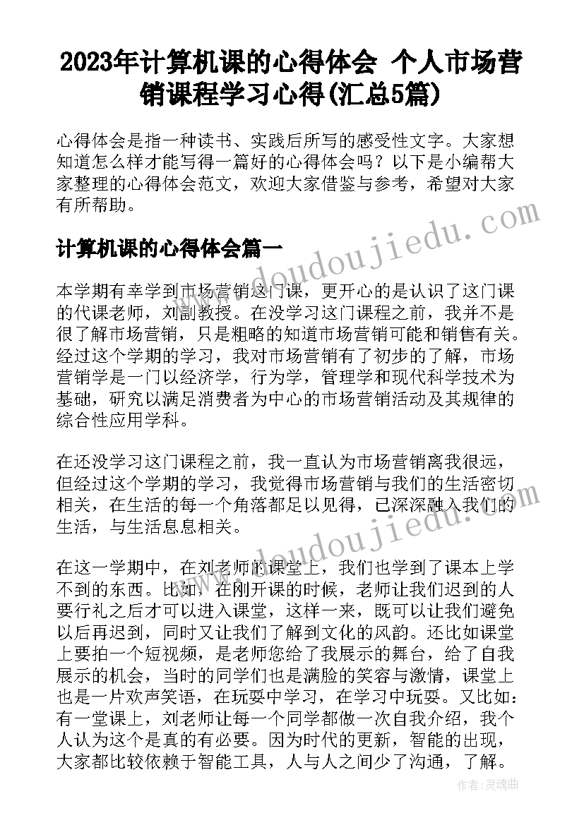 2023年计算机课的心得体会 个人市场营销课程学习心得(汇总5篇)