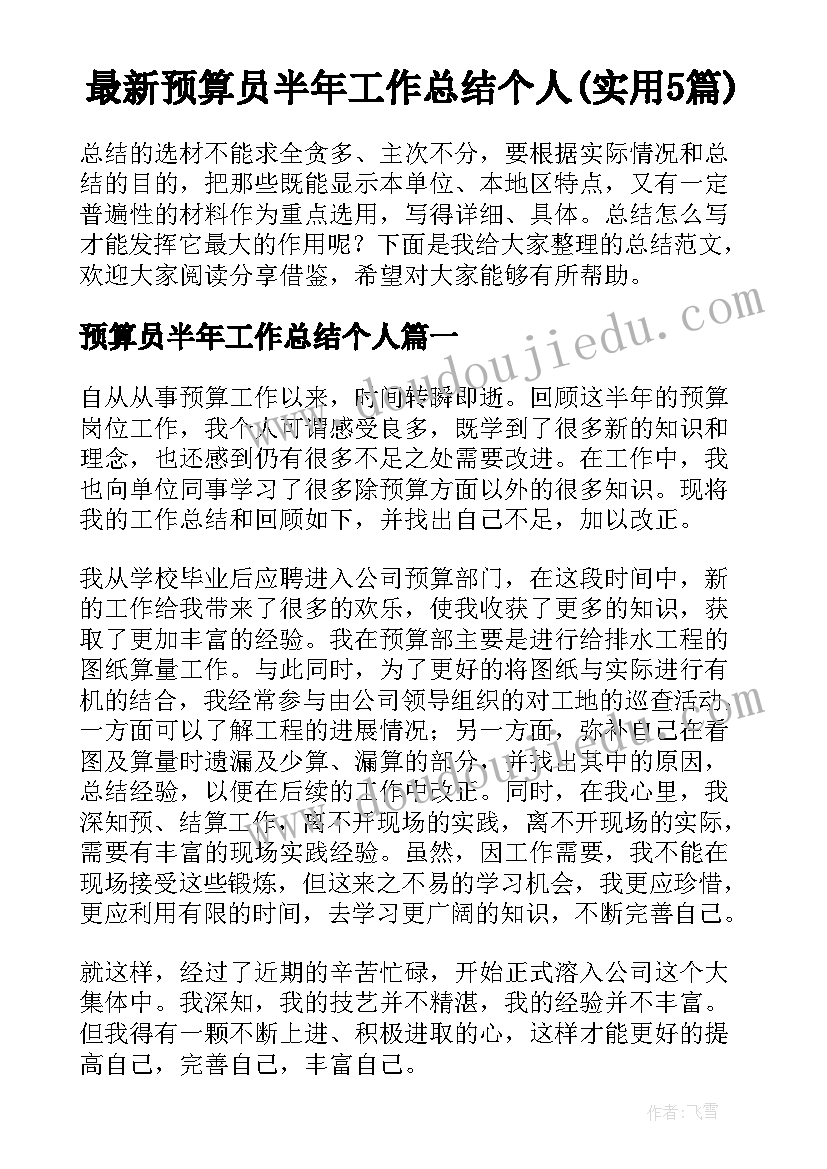 最新预算员半年工作总结个人(实用5篇)