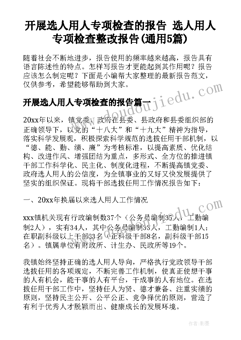 开展选人用人专项检查的报告 选人用人专项检查整改报告(通用5篇)